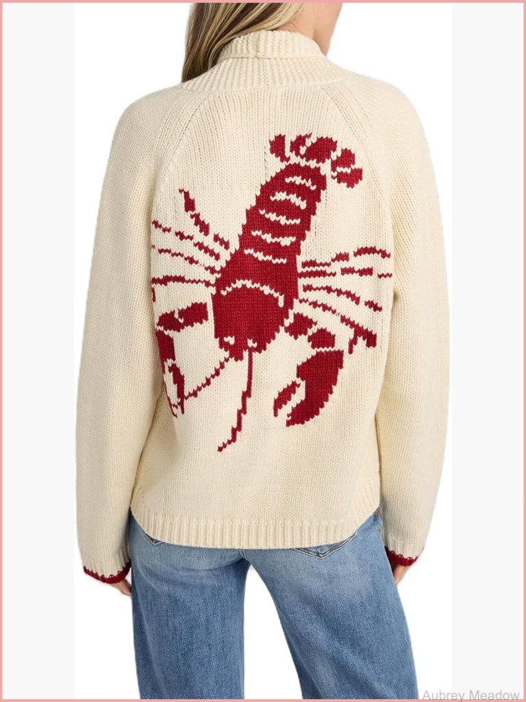 Embroidered Lobster V-Neck Cardigan Long Sleeve Shawl Collar Button Down Knit